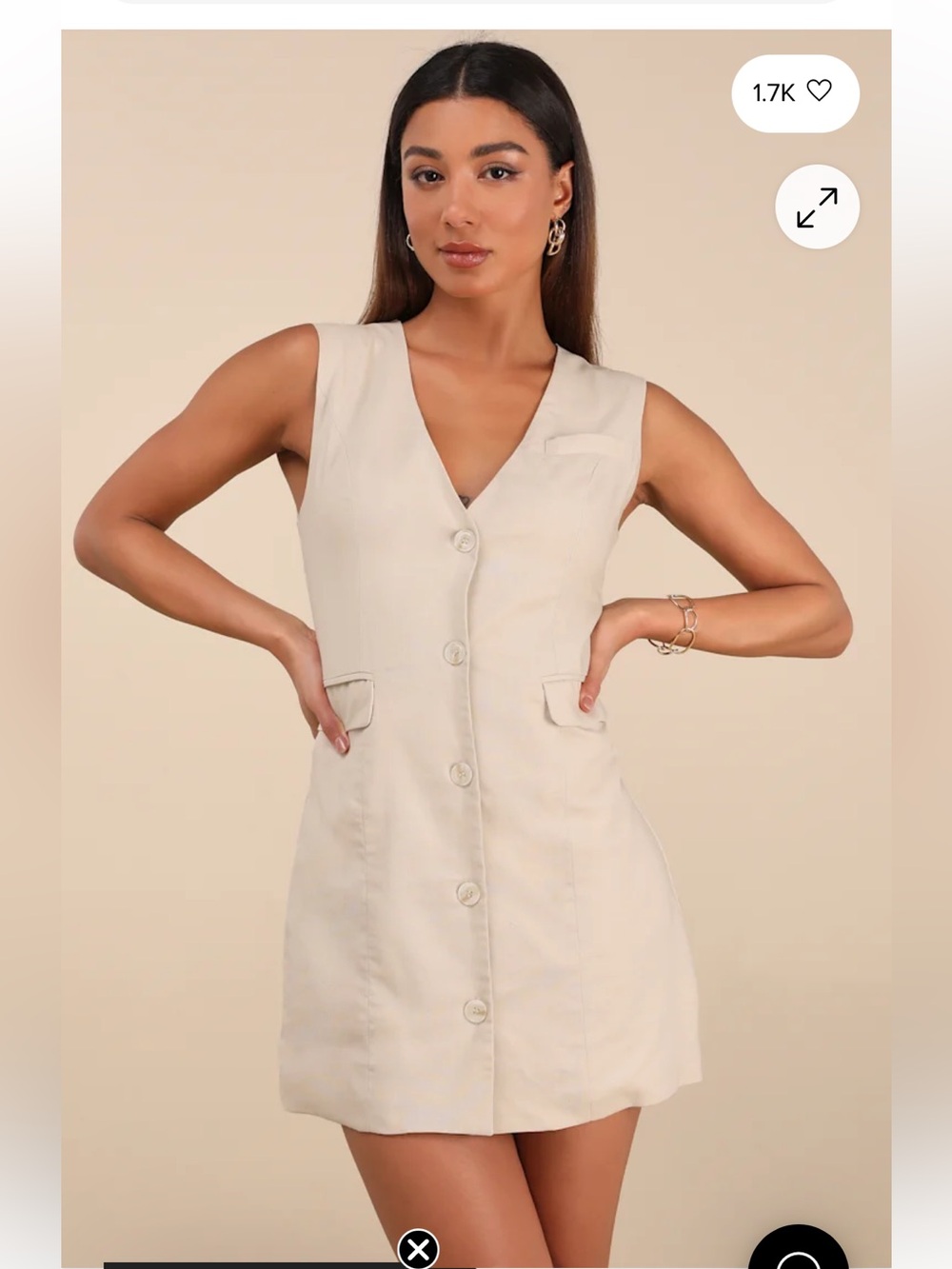 Lulu's Cream Sleeveless V-Neck Button Mini Dress - Picture 2 of 4